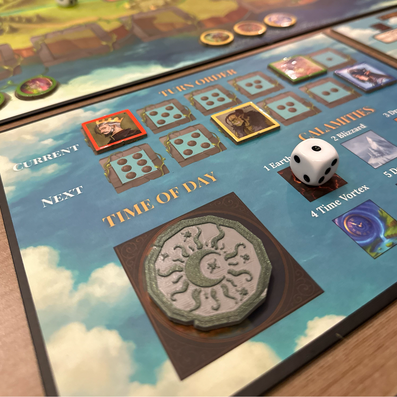 Board game setup with a dice and game pieces on a colorful board